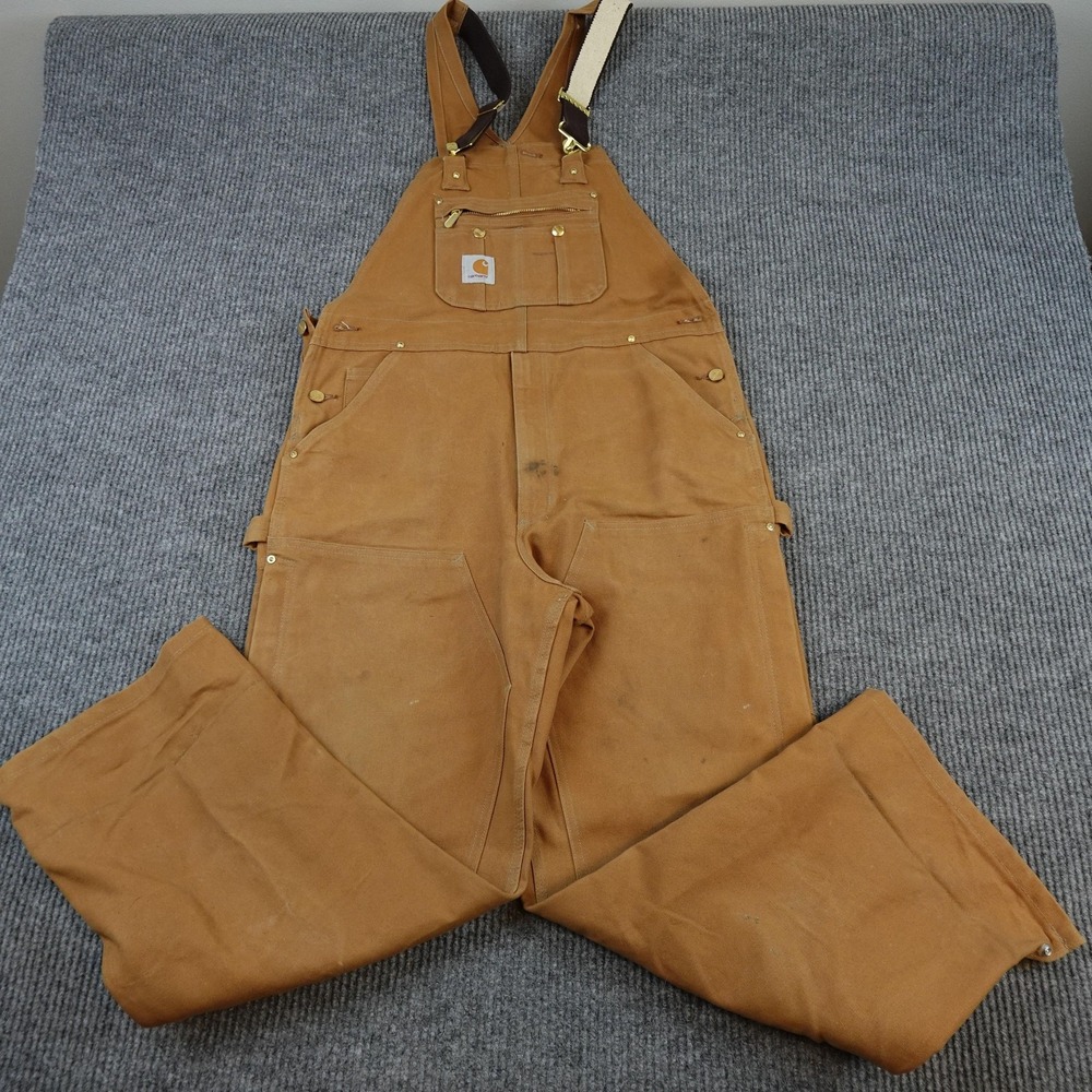 Carhartt Bib Overalls Mens 34x30 Brown Canvas Double Knee Workwear R37 BRN